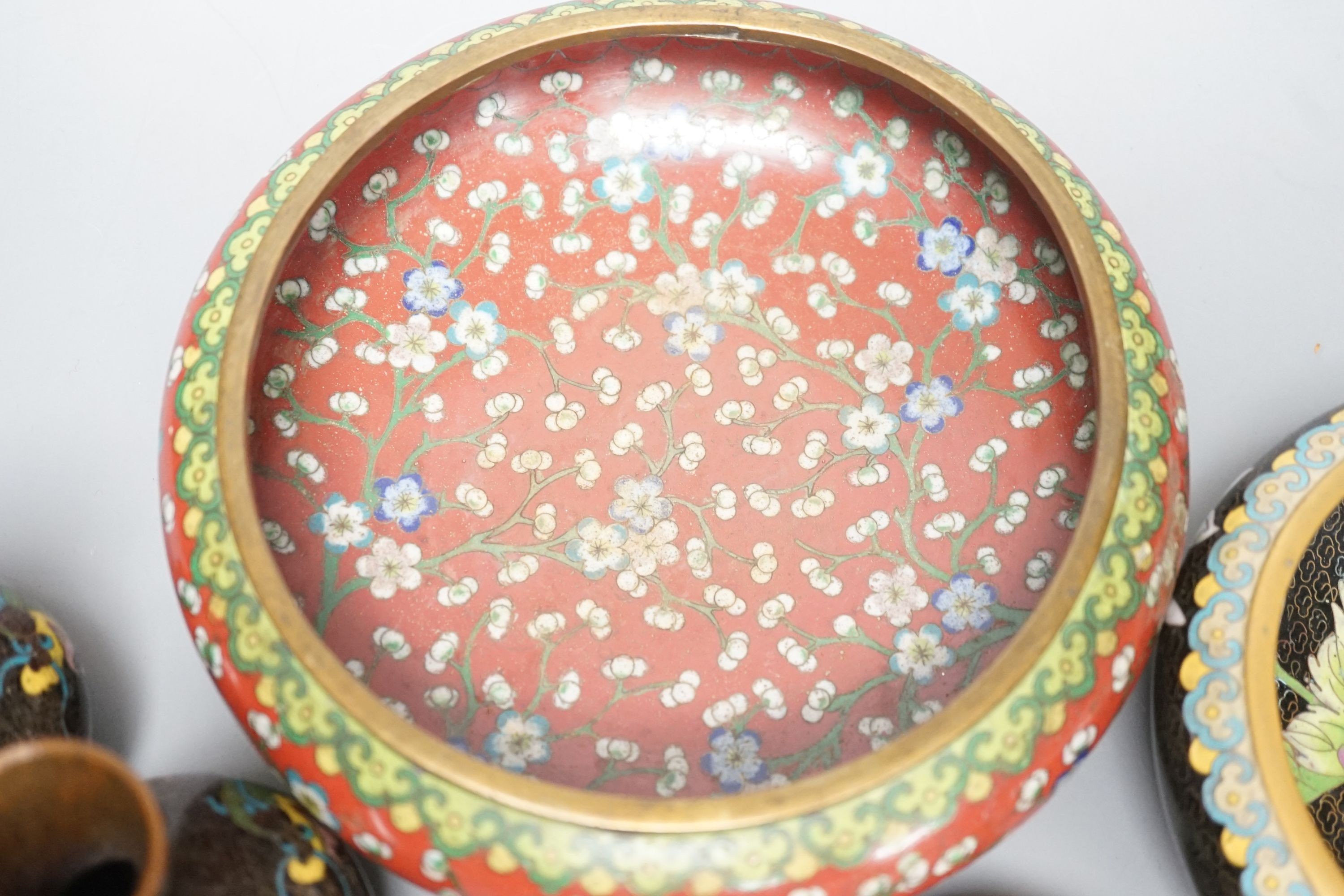 A group of Chinese cloisonné enamel dishes, boxes and a pair of vases, early 20th century and later, largest diameter 17cm